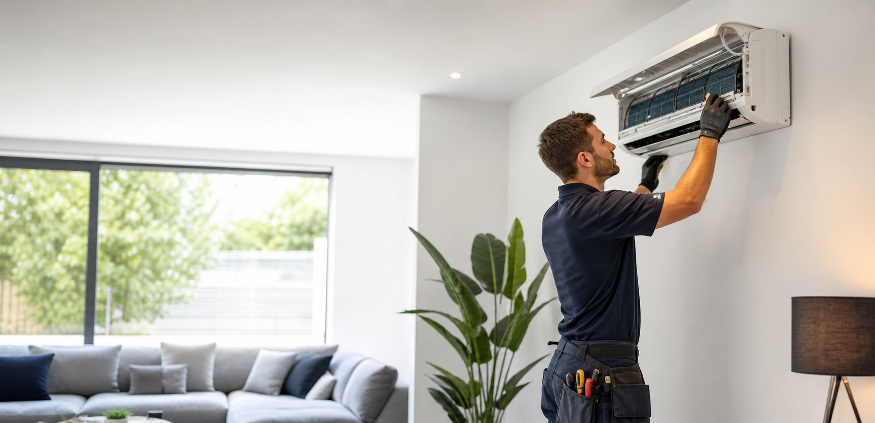 A professional technician installing a wall mounted mini split air conditioning unit in a bright home.